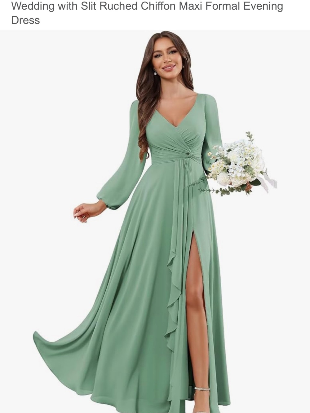 Size 2 Long Sleeve Sage Green Chiffon Maxi Dress with Side Slit
